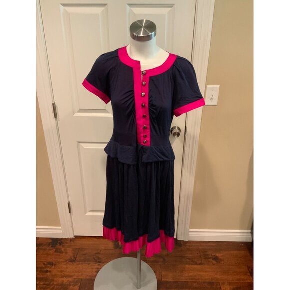 Marc By Marc Jacobs Blue & Magenta Short Sleeve Pleated Trim Dress, Size M, NWT! - Picture 1 of 5